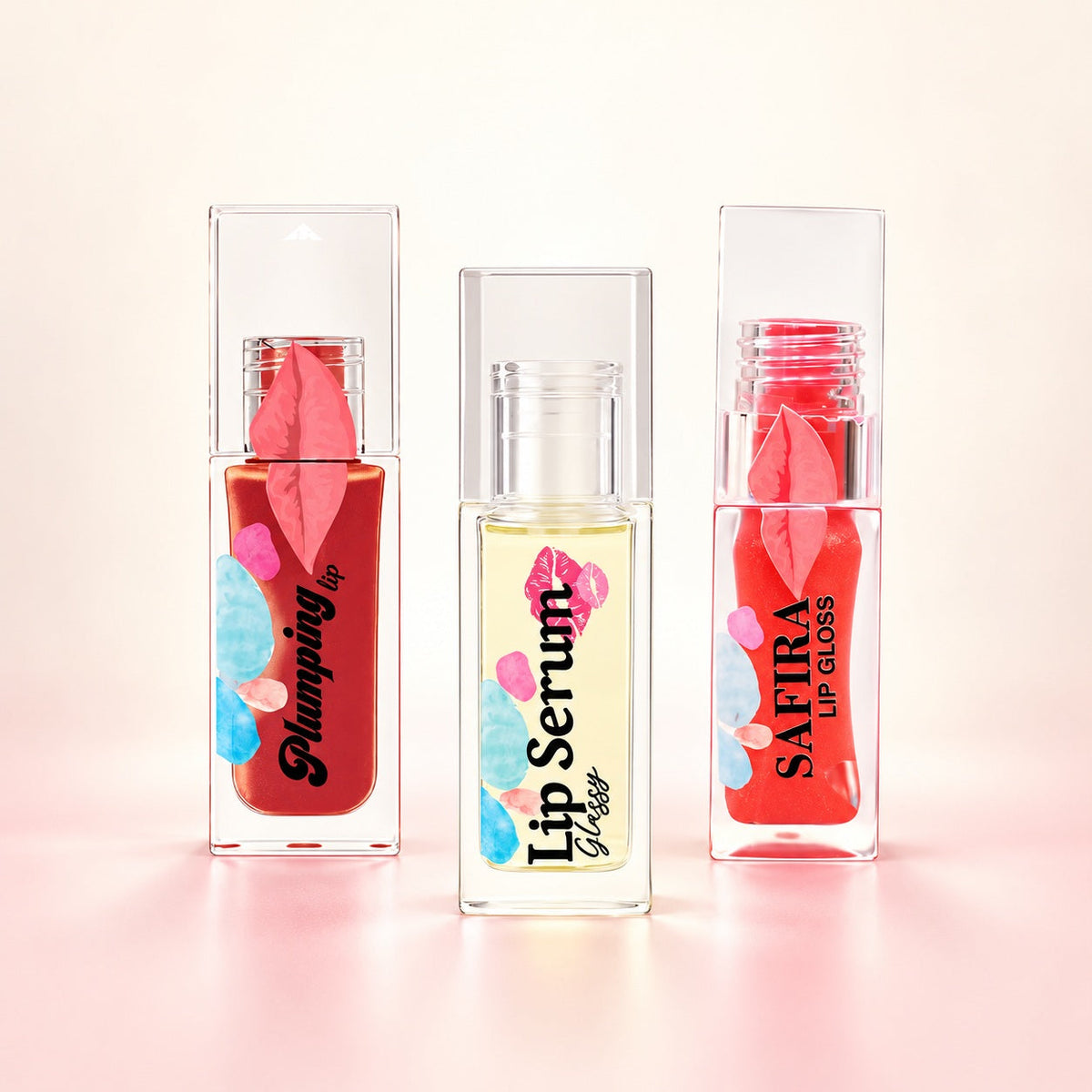"Sun-Kissed Lips" Set (Lip Plumping Serum + Lip Serum + Lip Gloss) — Safira studio product photograph
