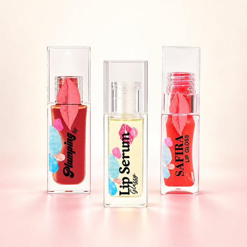 "Sun-Kissed Lips" Set (Lip Plumping Serum + Lip Serum + Lip Gloss) — Safira studio product photograph