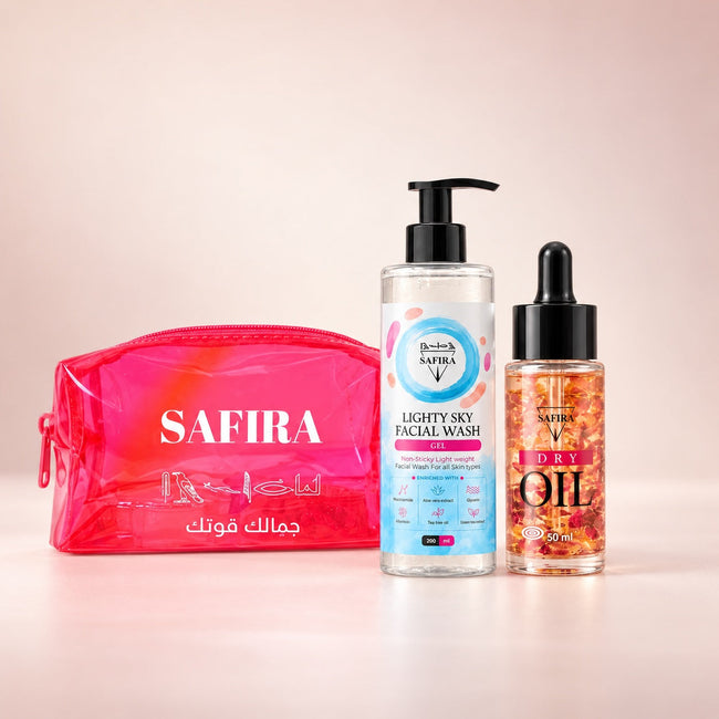 The "Beach to Dinner" Glow Kit – Dry Oil, Facial Wash & Safira Bag