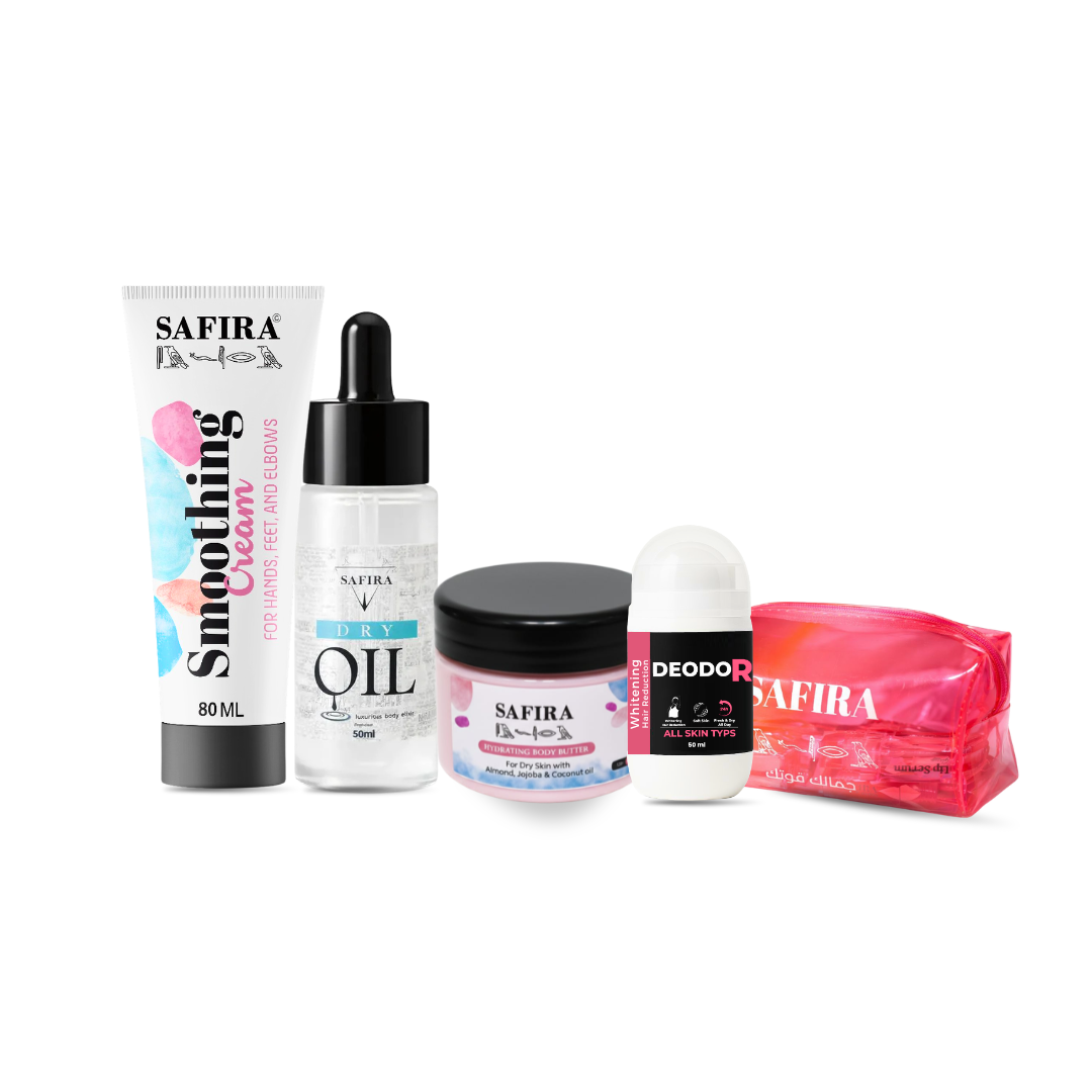Offer (Hair Reduction Deodorant + Dry oil soft + Body Butter + Smoothing Cream) + Free Safira Bag + Free Shipping