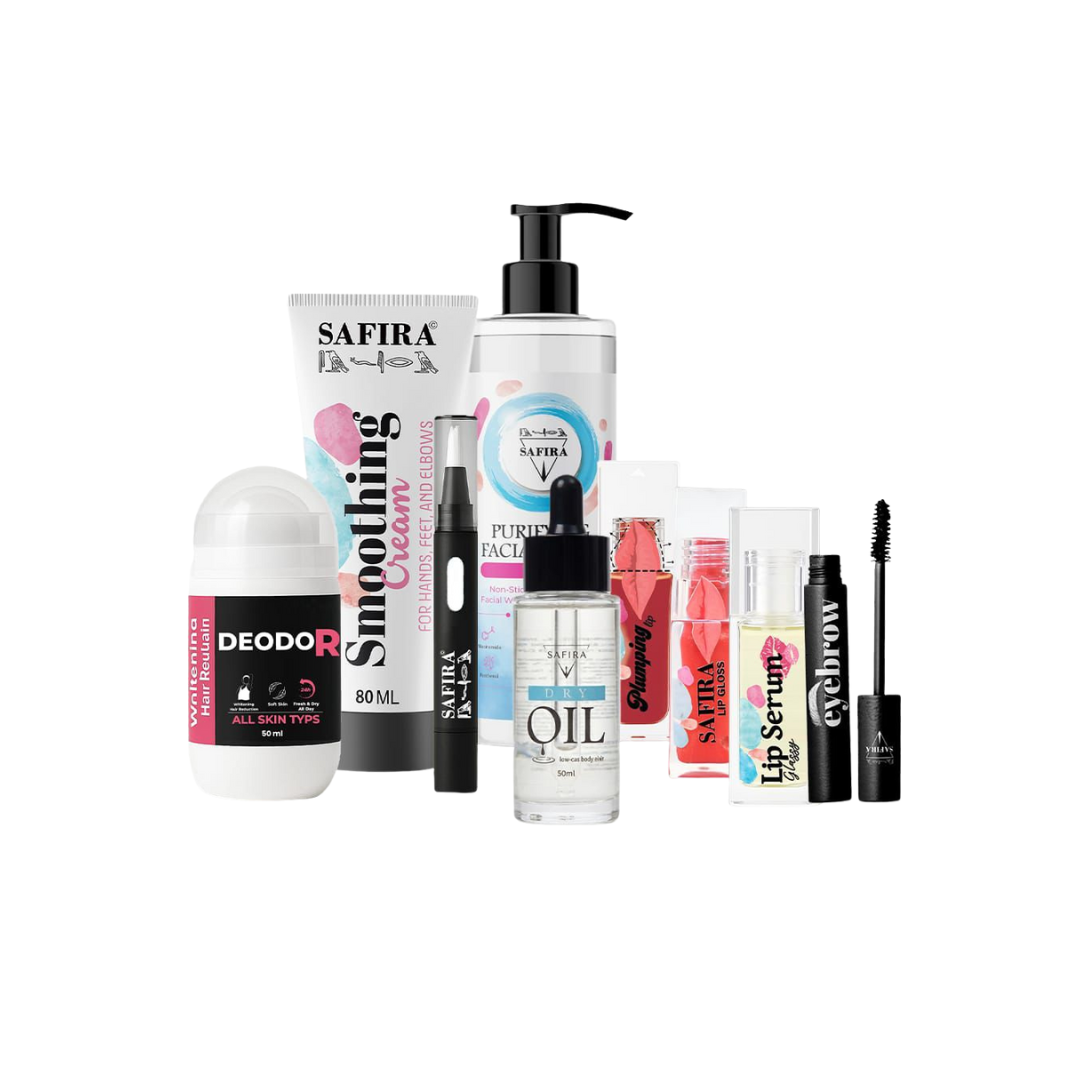 عرض dry oil +facial wash + white serum + lip oil+lip gloss+lip plumbing+deodrant+smoothing cream+mascara